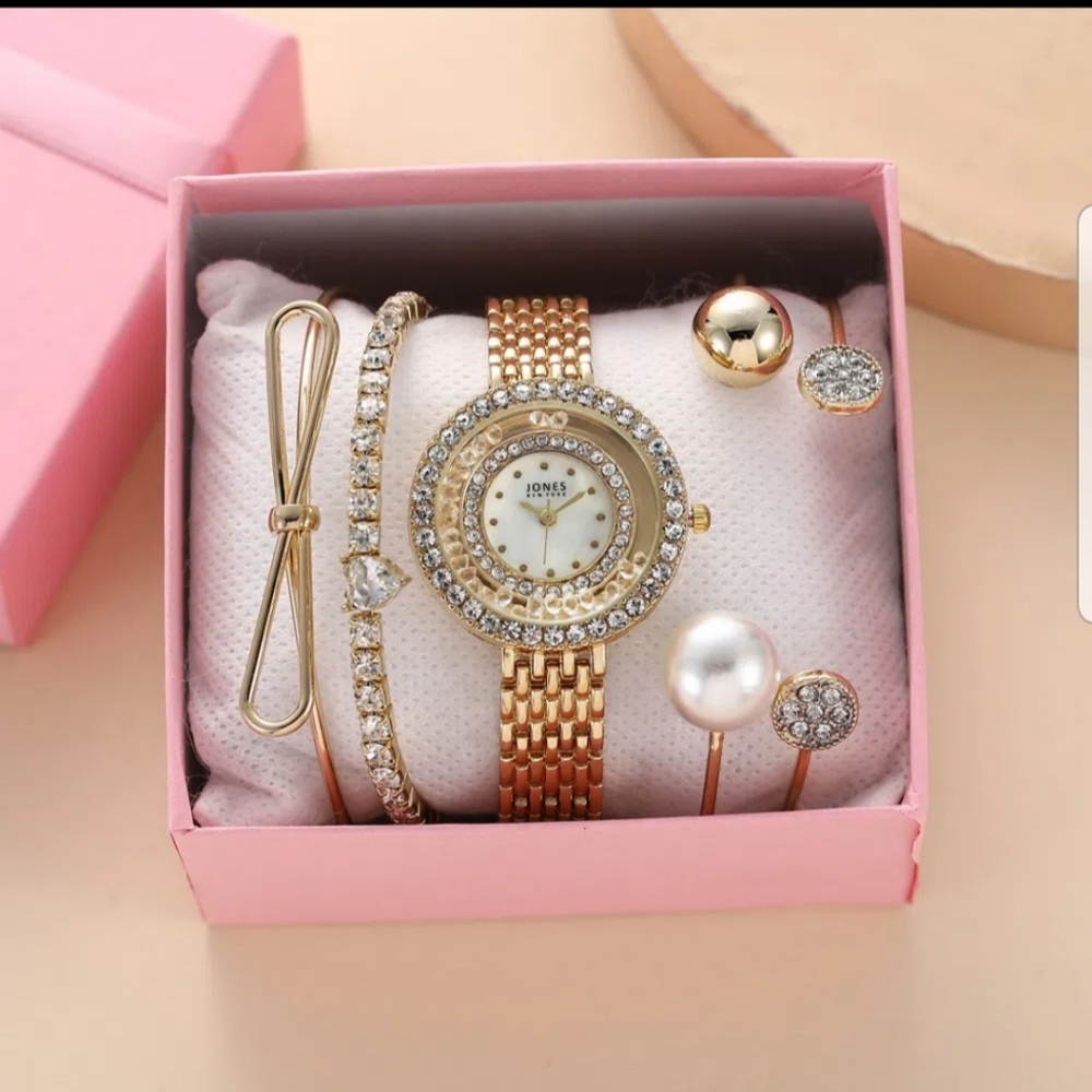 🎀NEW Simple Ladies Rhinestone Watch 5pcs set. Goldtone.🌹